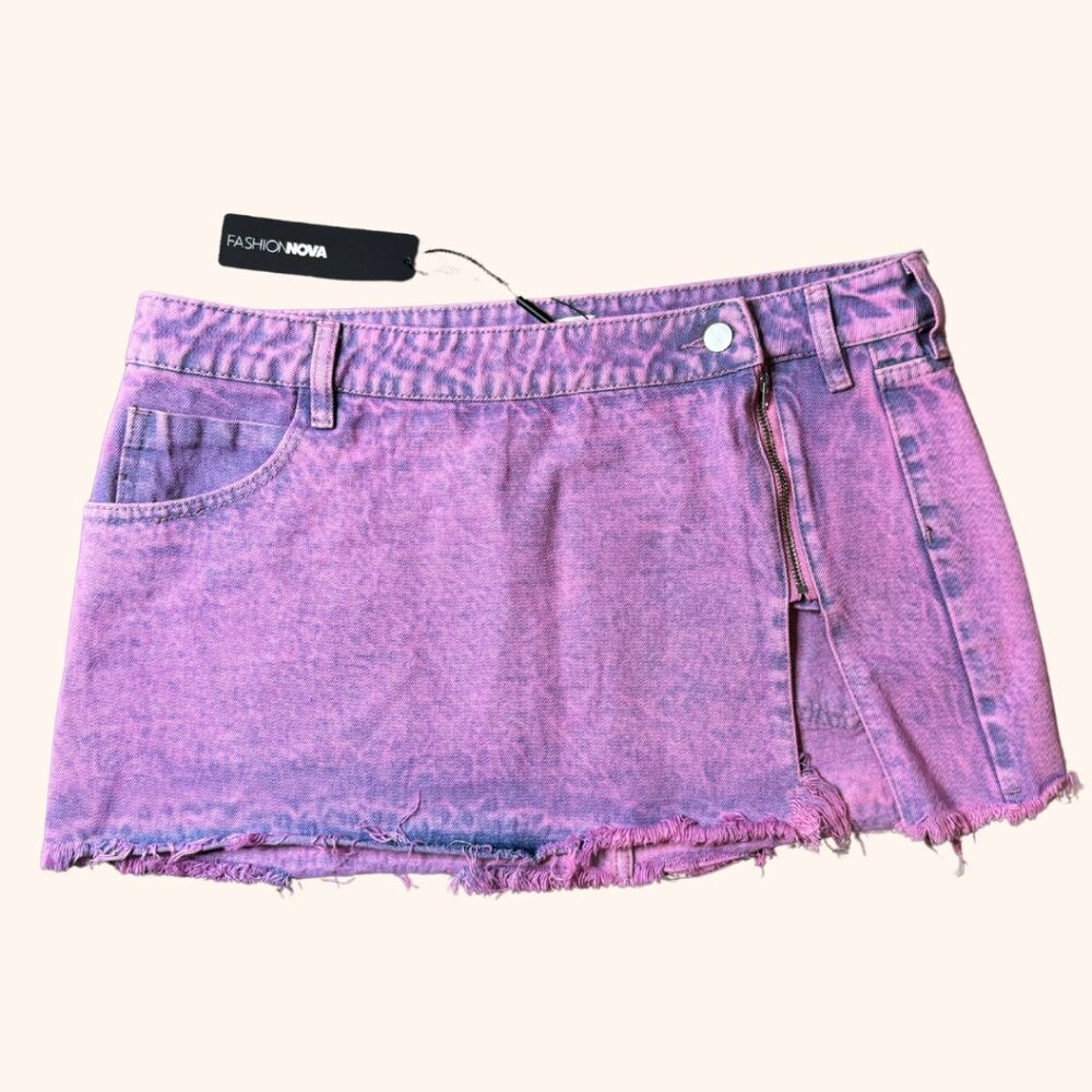 Fashion Nova Pink Denim Mini Skirt Acid Wash Size L NWT